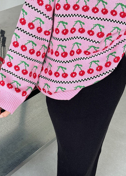 New Pink O Neck Thick Print Knit Short Sweater Fall