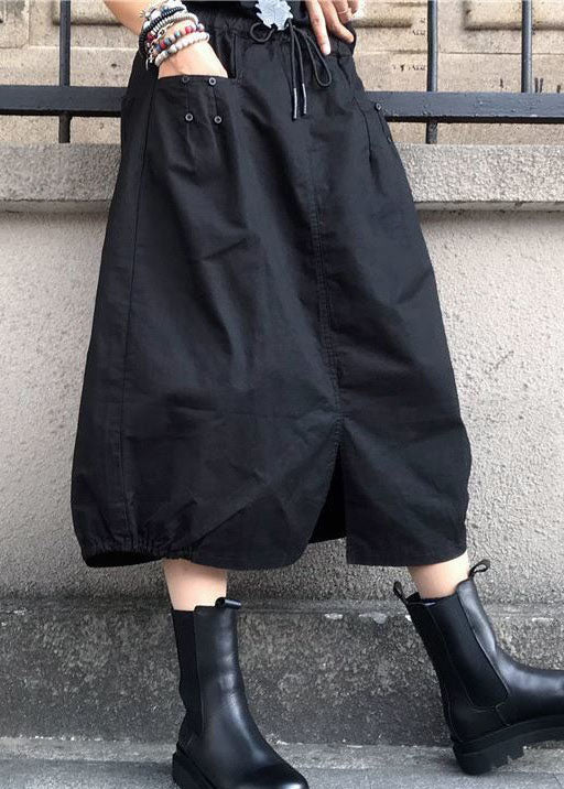 Black Wrinkled Pockets Elastic Waist Cotton Skirts Spring