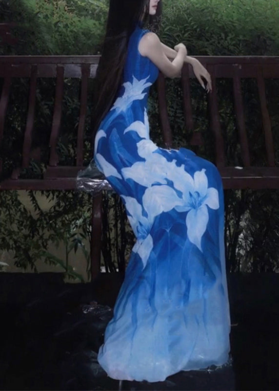 Blue O-neck Print Tulle Maxi Dresses Sleeveless