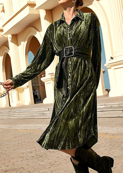 Ins Temperament Skirt Button Long Seeve Shirt Dress Green