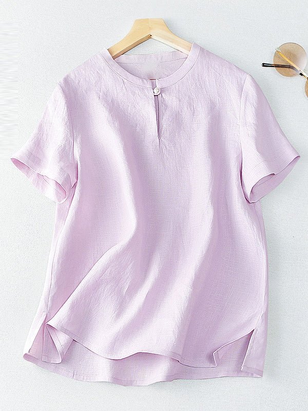 Pure Color Crew Neck Short Sleeve Buttoned Linen Tee Top
