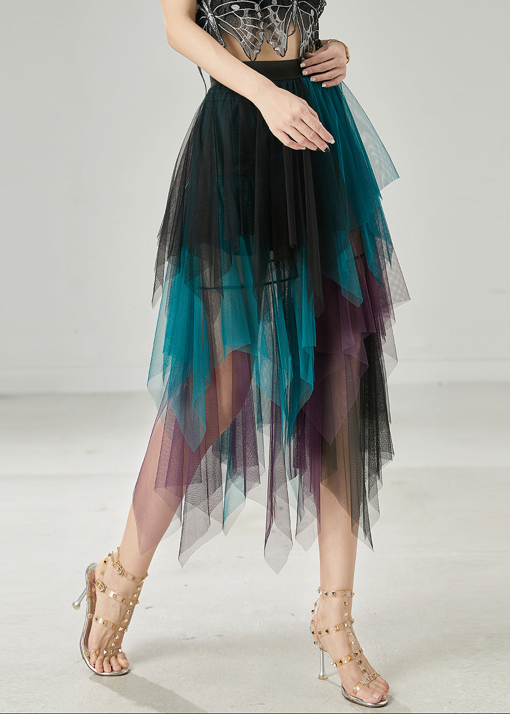 Gradient Blue Asymmetrical Tulle Skirt Summer