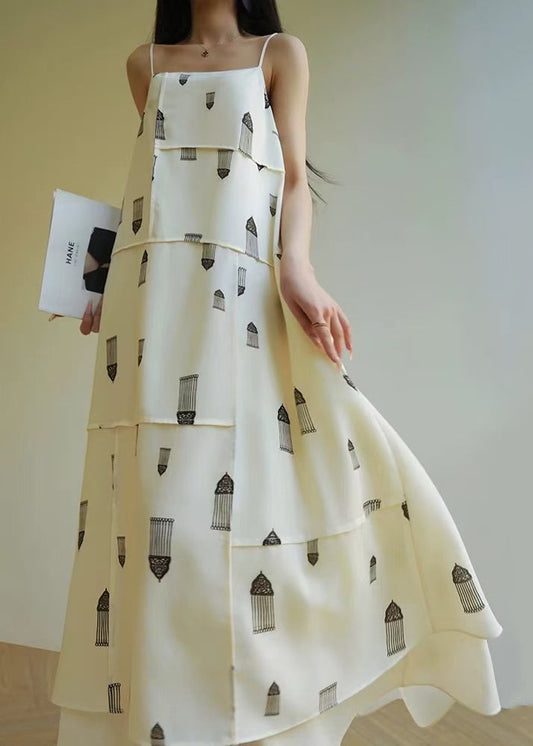 White Cold Shoulder Print Cotton Spaghetti Strap Dress Sleeveless