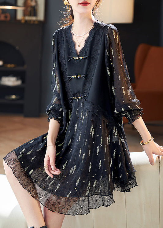 Stylish Black V Neck Lace Print Patchwork Chiffon Dress Spring