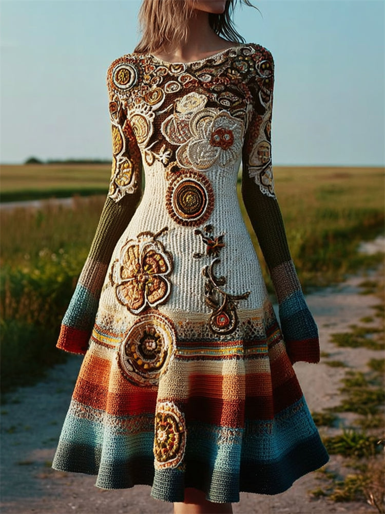 Comstylish Boho Floral Crochet Colorblock Knit Sweater Dress