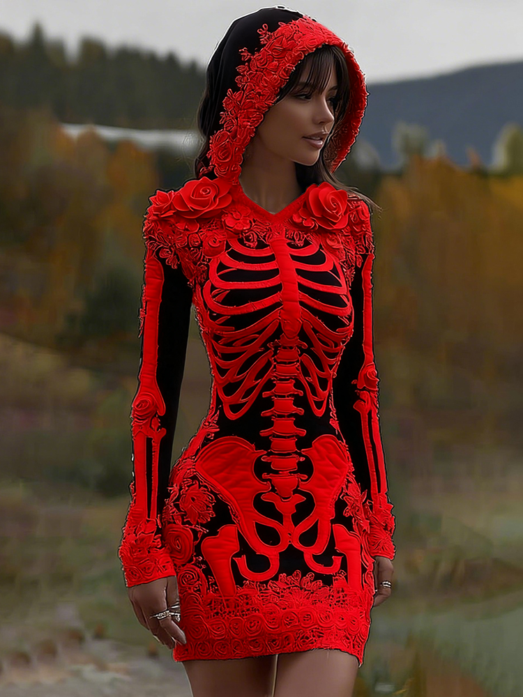 Comstylish Women's Vintage Halloween Skeleton Bones With Rose Art Cozy Knit Hooded Sweater Dress