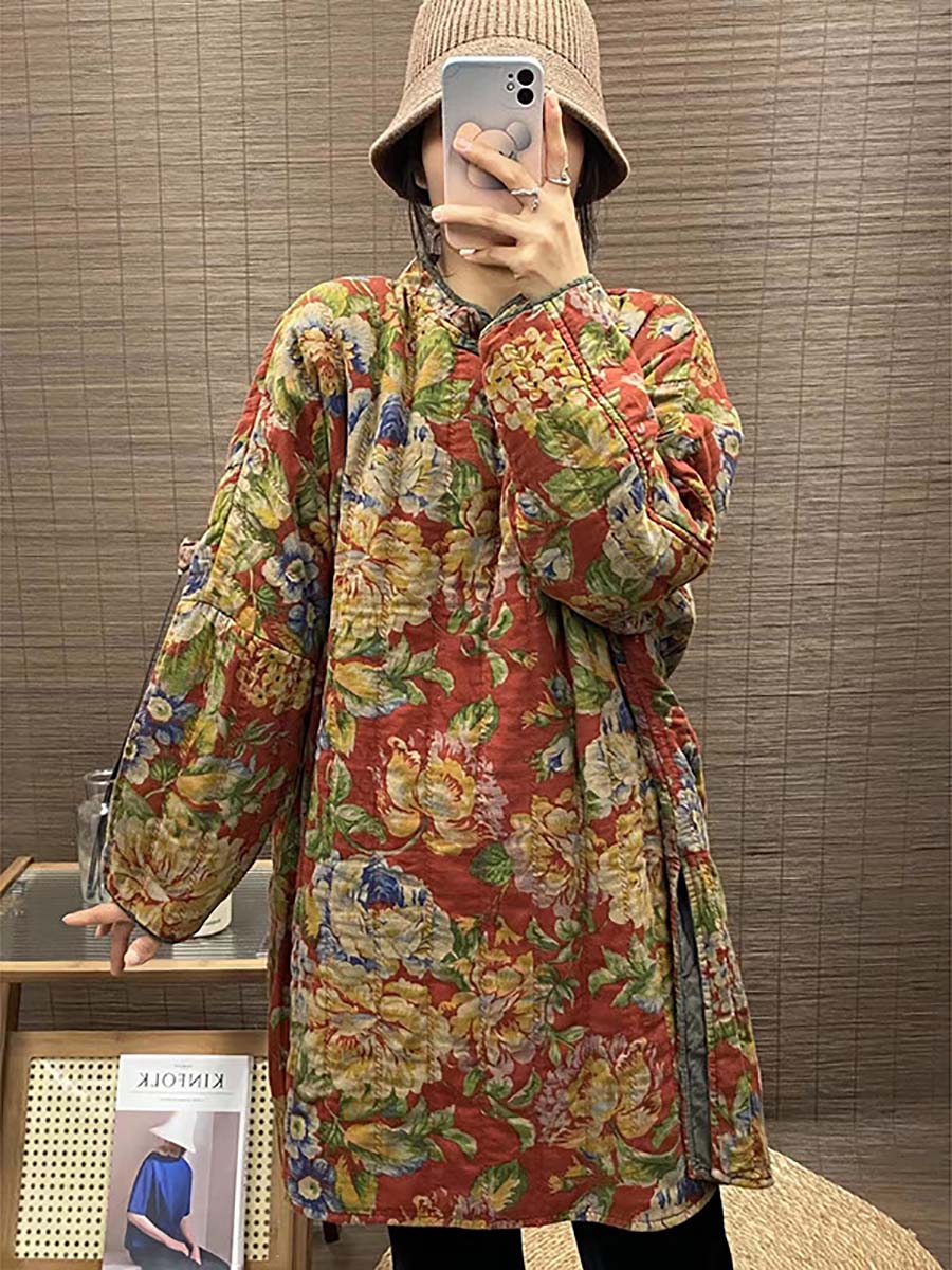 Winter Button Print Splict Hem Coat