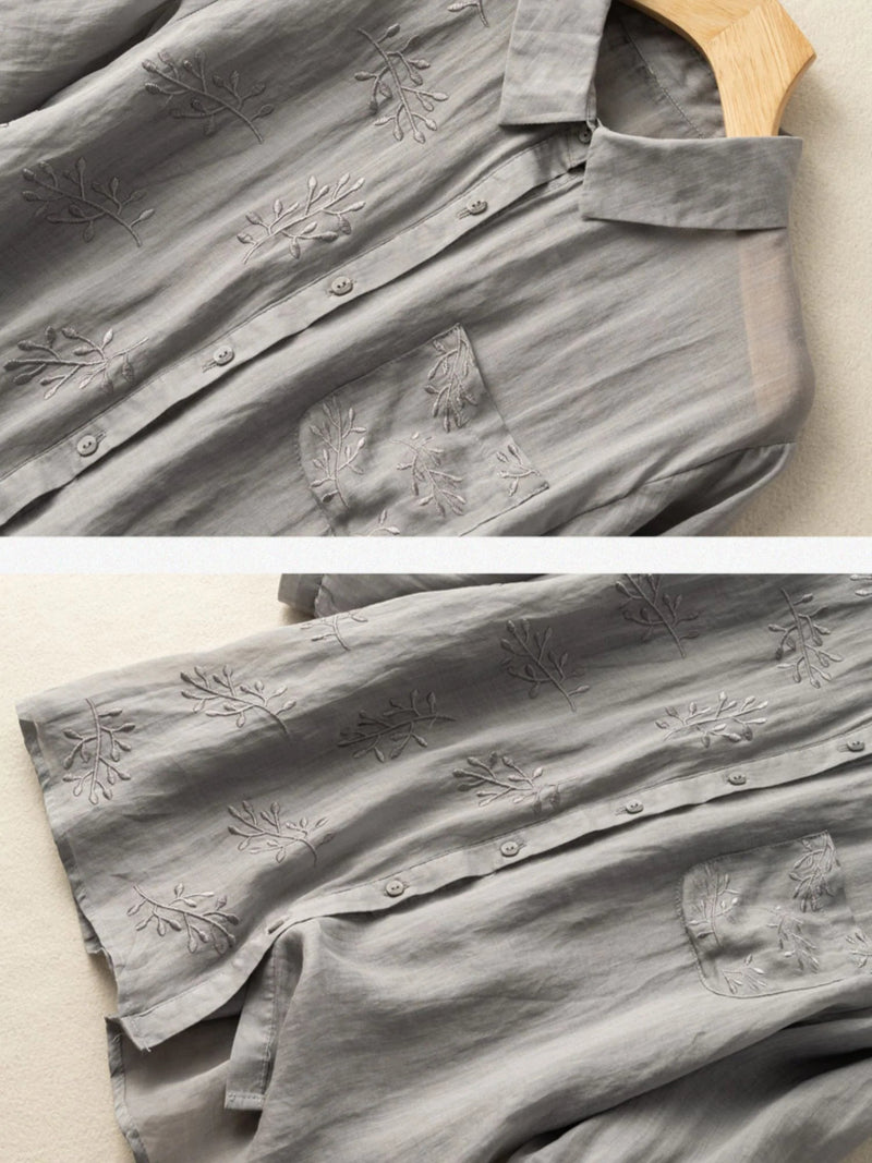 Embroidered 3/4 Sleeve Linen Shirt Top With a Patch Pocket