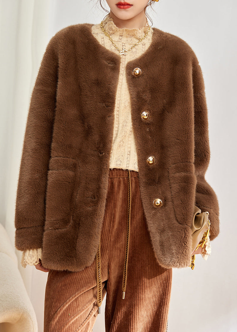 Modern Pink O-neck Pockets Button Faux Fur Jackets Winter