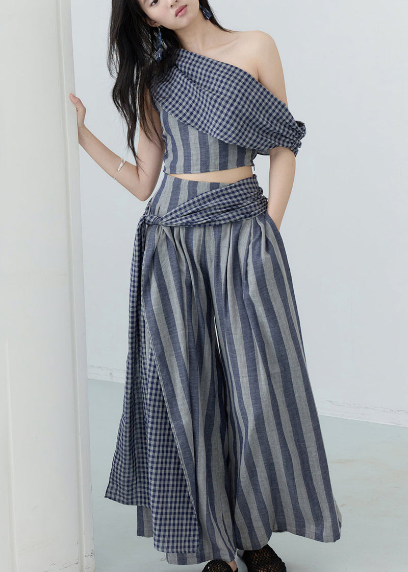 One Shoulder Striped Top and Wide Leg Pants Two Pieces Set Summer