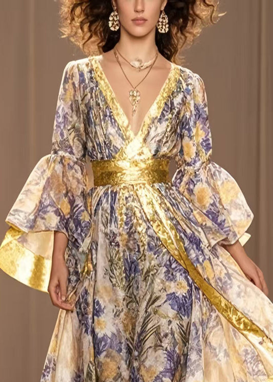 Lavender Print Exra Large Hem Chiffon Tunic Dress Flare Sleeve