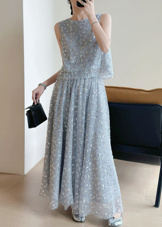 New Grey Lace Up Sequins Tops and Skirts Two Pieces Set Sleeveless