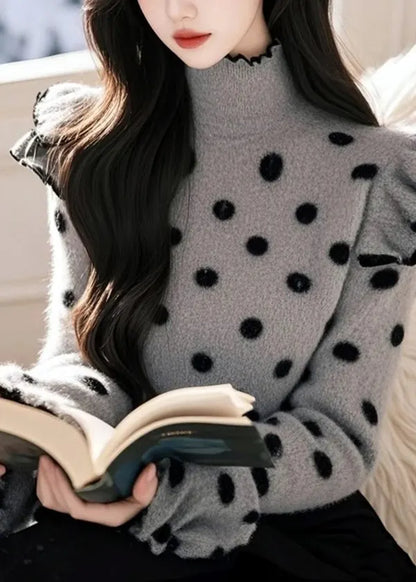 Grey Ruffled Patchwork Knitted Sweaters Tops Spring