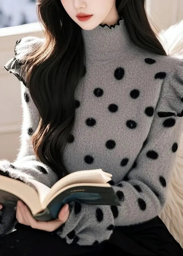 Grey Ruffled Patchwork Knitted Sweaters Tops Spring
