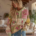 Comstylish Women's Vintage Floral Patchwork Art Knit Jacquard Hooded Sweater