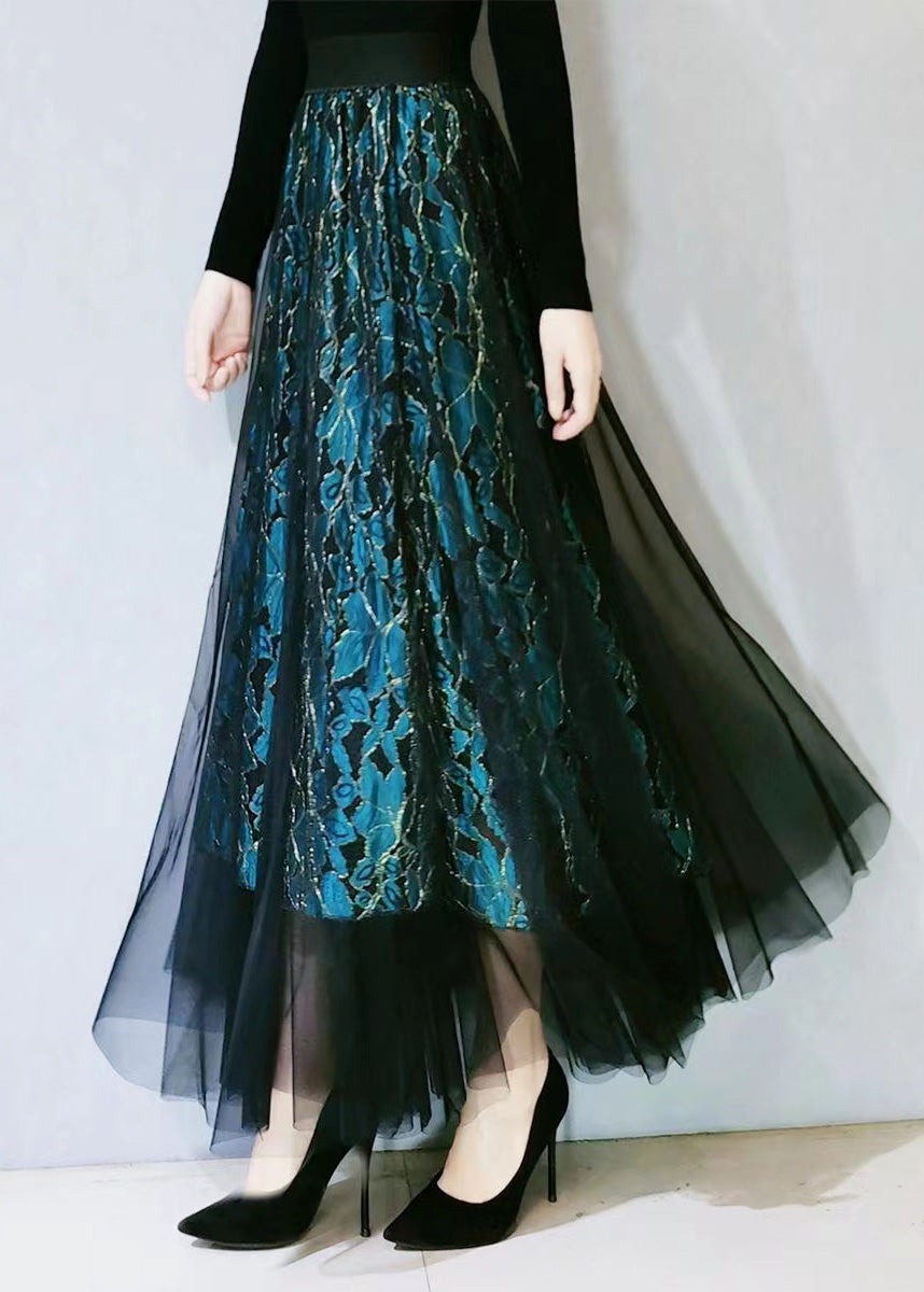 Fitted Green Lace Tulle High Waist Hollow Out Lace a Line Skirts