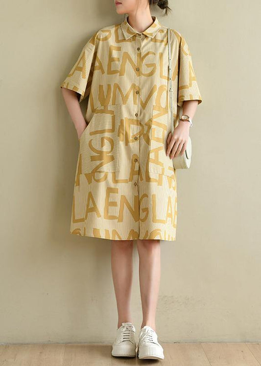 Yellow Cinched Peter Pan Collar Cotton Dress Graphic Dress