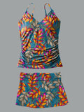 Color Leaves V-Neck Vintage Flowers Print Suspender Skirt Tankini Pantskirt Set Swimsuit