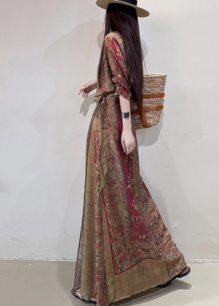 Coffee Cinched Print Linen Holiday Dress Summer
