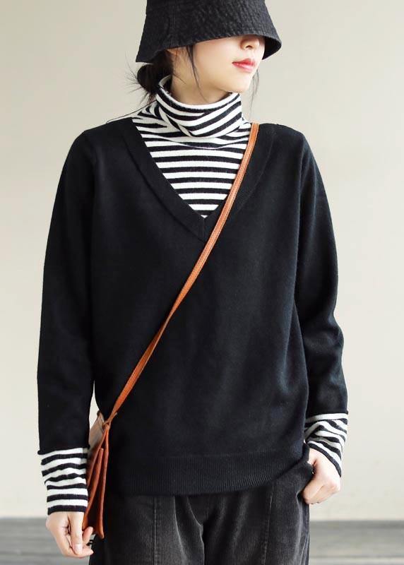 Winter Black Sweaters Loose Fitting Patchwork High Neck Knit Tops