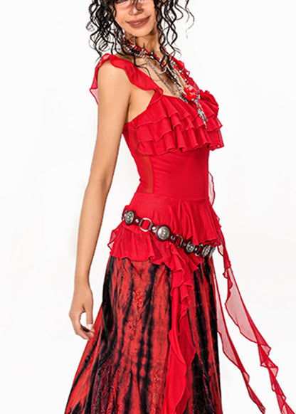Red Asymmetrical Rose Tulle Tops Summer