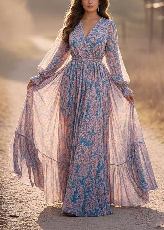 Blue Patchwork Tunic Chiffon Long Dresses Lantern Sleeve