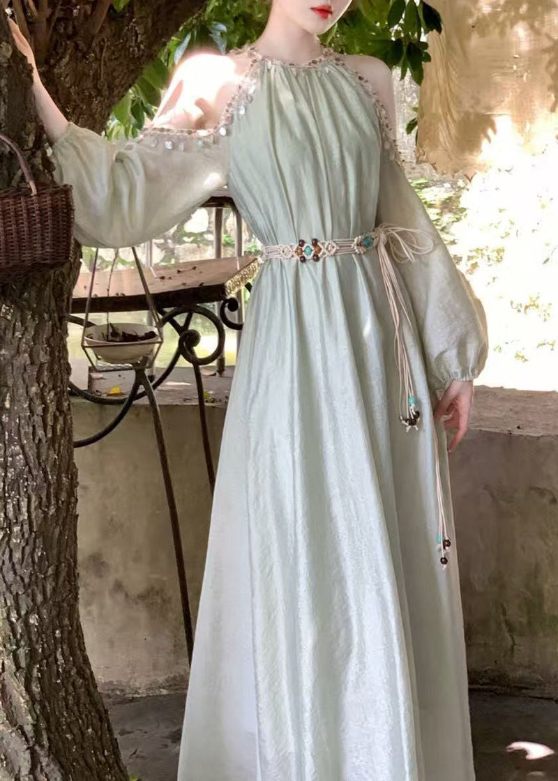Apricot Sequins Cold Shoulder Lantern Sleeve Silk Long Dress