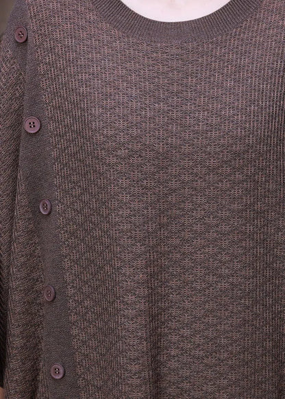 Light Coffee O-neck Button Pockets Cashmere Maxi Dress Long Sleeve