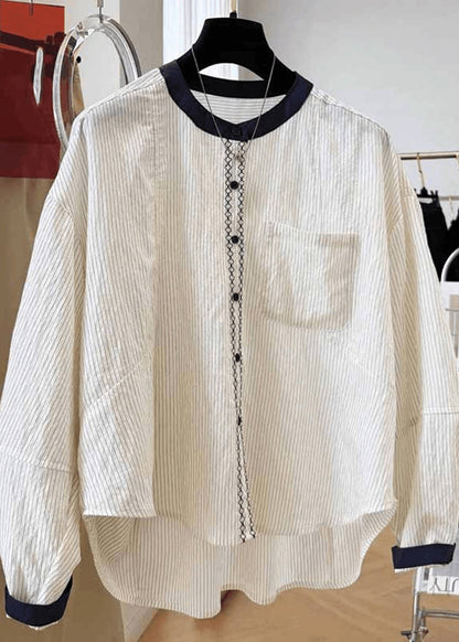 New Apricot O Neck Striped Pockets Cotton Blouse Tops Fall