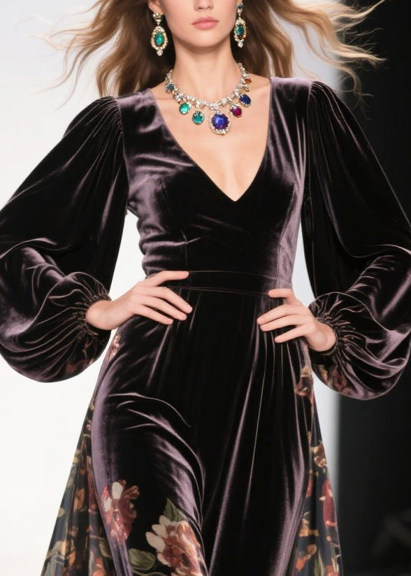 Chocolate Exra Large Hem Patchwork Print Silk Velvet Dress Spring