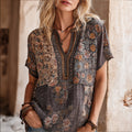 Knitted Flower Three-dimensional Embroidery Flower Vine Vintage V-neck Short-sleeved Shirt elevenforest