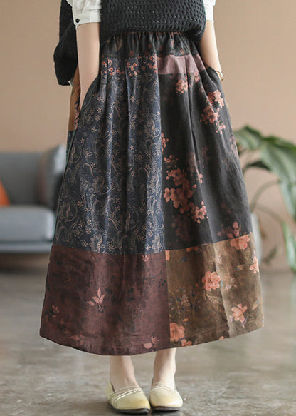 Chocolate Patchwork Linen Skirt Elastic Waist Spring