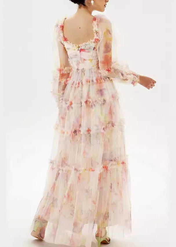 U Neck Ruffled Patchwork Tulle Long Dress Summer