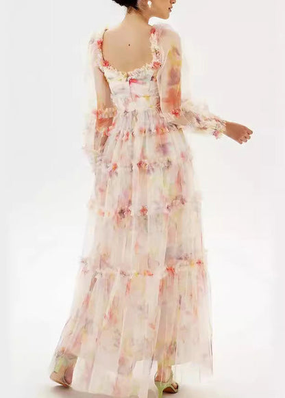 U Neck Ruffled Patchwork Tulle Long Dress Summer