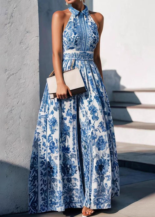 Baby Blue Peter Pan Collar Print Maxi Dress Summer