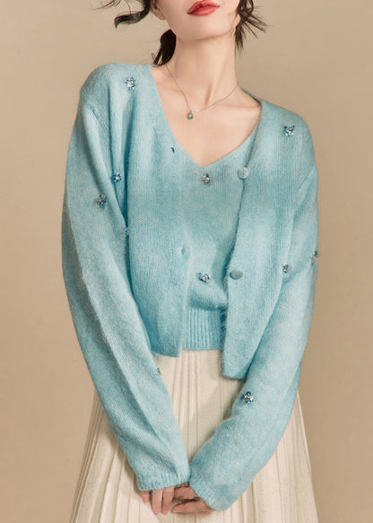 Art Blue Button Cardigans and Tank Knit Two Piece Set Spring