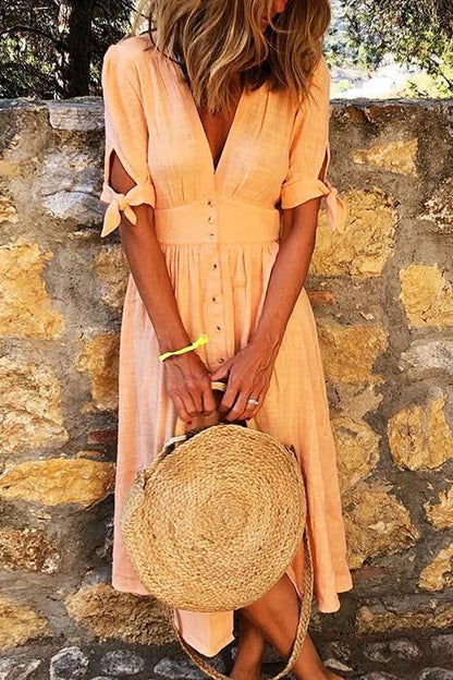 Vacation Button Knot Sleeve Dress