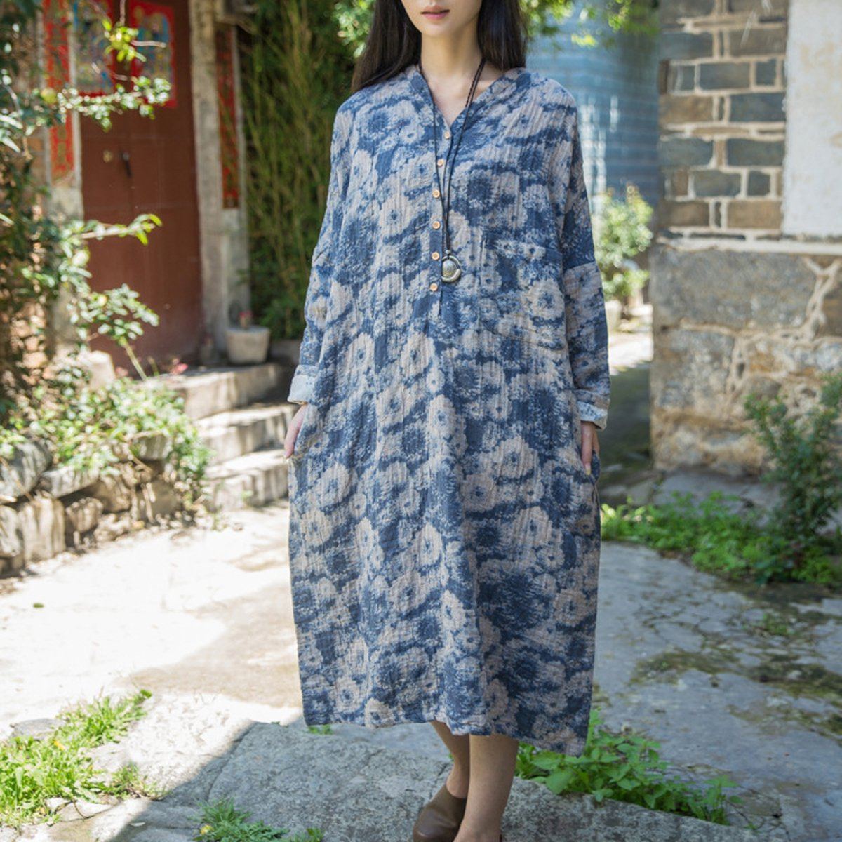 Cotton Linen Loose Fitting Dress Red / Blue