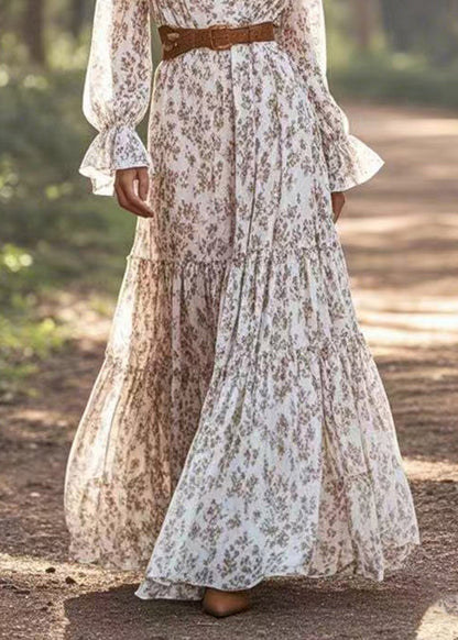 V Neck Patchwork Chiffon Long Dresses Petal Sleeve