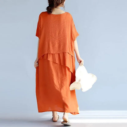 New Orange Long Linen Dresses Clothing Layered Cotton Dresses New Short Sleeve Linen Cotton Dress