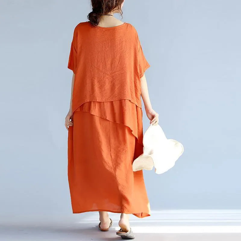 New Orange Long Linen Dresses Clothing Layered Cotton Dresses New Short Sleeve Linen Cotton Dress