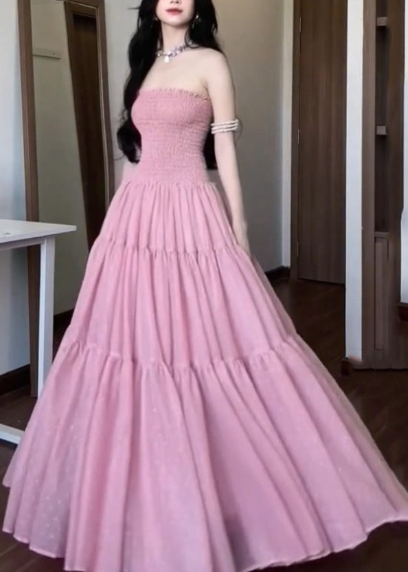 New Pink Strapless Cotton Long Dress Sleeveless