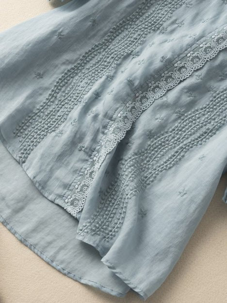Embroidered V Neck Ruffled Short Sleeve Linen Top