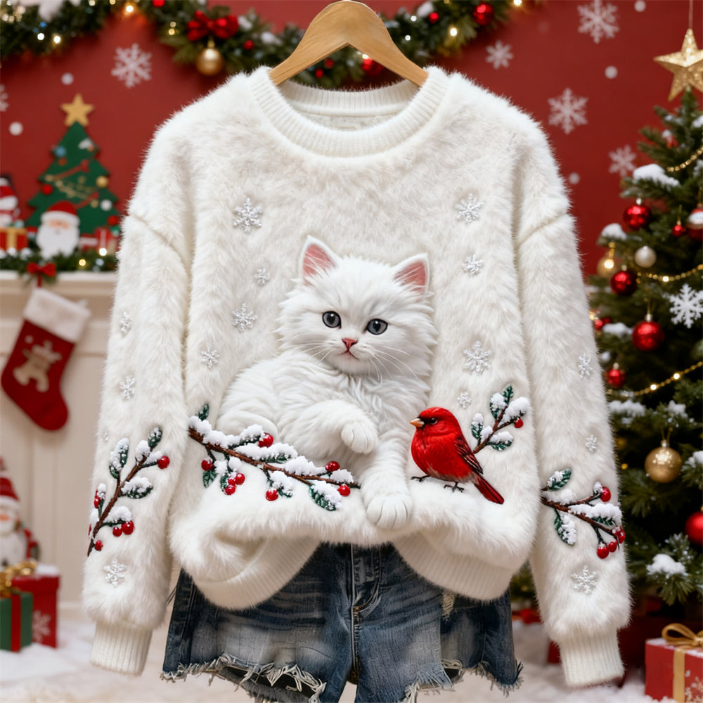 Comstylish Christmas Cat & Bird Art Women's Flannel Sweater