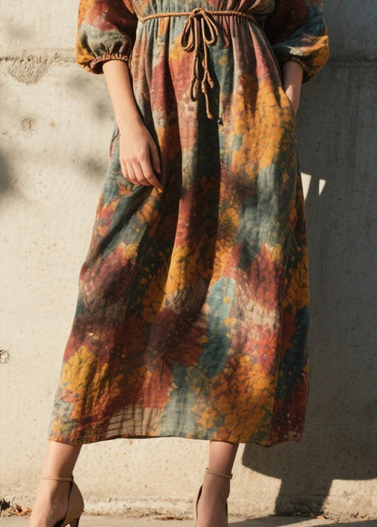 V Neck Print Cotton Ankle Dress Half Sleeve