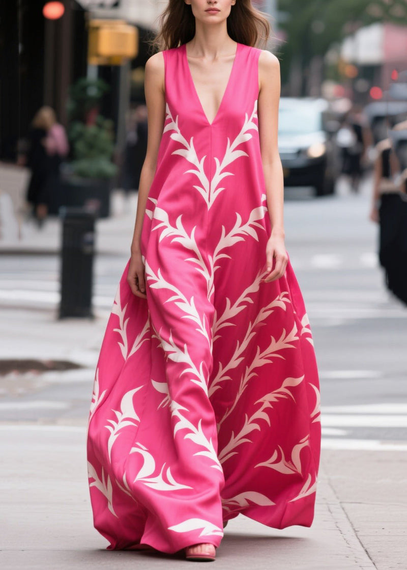 Rose Oversized Print Silk Maxi Dress Summer
