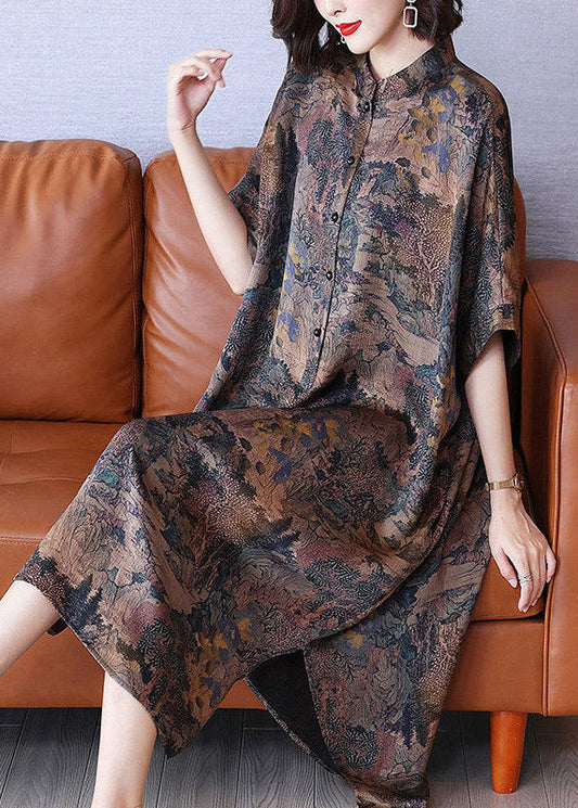 Stand Collar Print Button Side Open Low High Design Silk Maxi Dresses Half Sleeve
