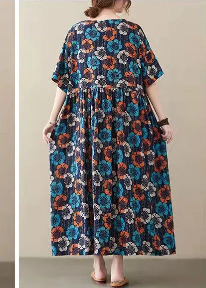 Blue O-neck Print Summer Party Dress Half Sleeve