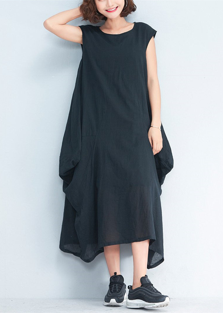Black Natural Cotton Polyester Dress Oversize Sleeveless Traveling Dress Kaftans