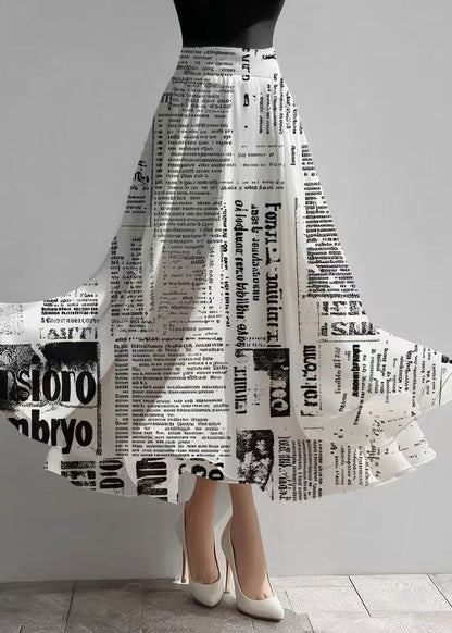 Unique White Newspapers Print Draping Chiffon Skirts Summer